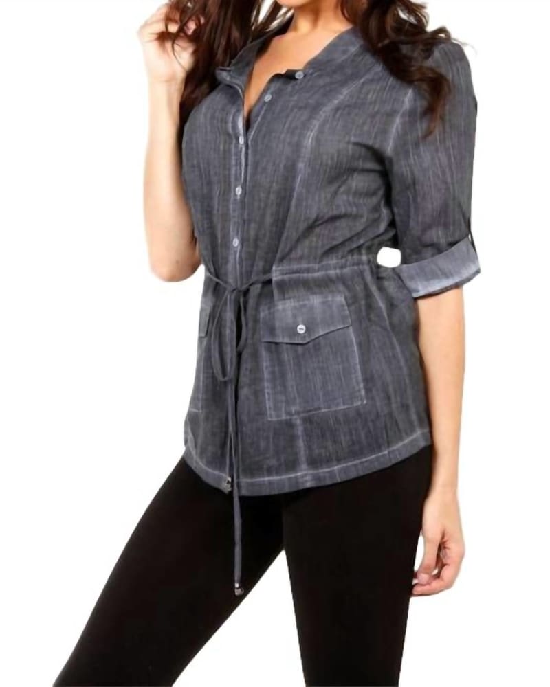 Front of a model wearing a size LG Oil-Washed Drawstring Shirt in Gray in Gray by ANGEL. | dia_product_style_image_id:327171